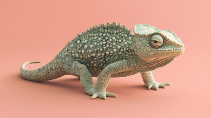 Obraz premium Close-up of a veiled chameleon holding a branch, showcasing its vibrant colors against a pink backdrop