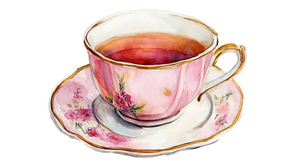 pink vintage teacup watercolor antique cup, Watercolor Teacup Illustration With Delicate Floral Design. Afternoon Tea Concept
