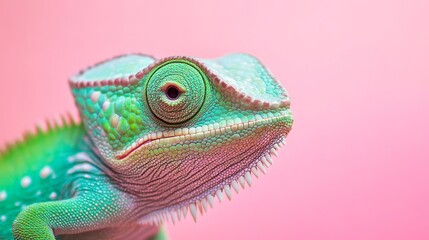 Obraz premium Close-up of a veiled chameleon holding a branch, showcasing its vibrant colors against a pink backdrop