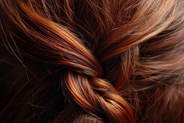 Naklejka premium A detailed close-up reveals the intricate beauty of auburn hair styled in a braid, highlighting texture, color depth, and elegant hair design. Hairdressing and style.