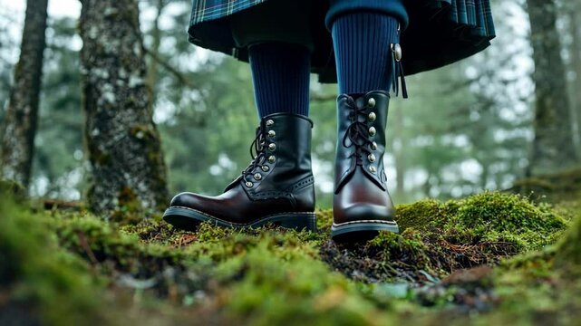 Traditional scottish kilt with leather boots in forest First-Foot Day