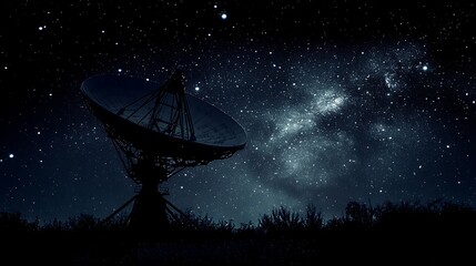 Satellite Dish Under Starry Night Sky, A silhouette of a satellite dish under a starry night sky in a rural landscape