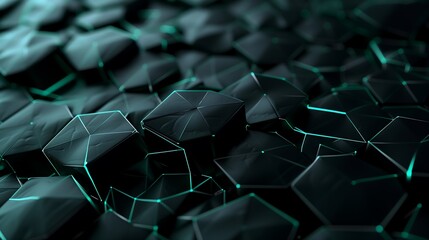 Fototapeta premium A bold and dynamic 3D abstract art piece featuring interlocking angular polygons, sharp crystalline structures in deep black and glowing cyan tones, high contrast lighting