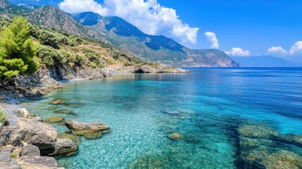 Idyllic coastline scene with turquoise water and mountain views location