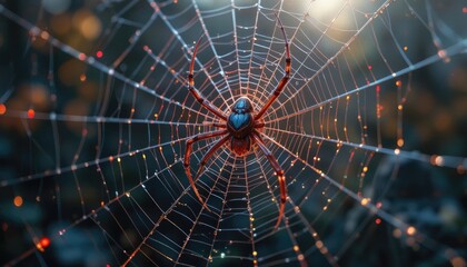 Spider in Web with Dew Drops Glistening in the Sunlight Close-up
