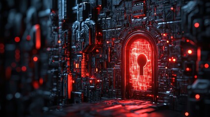 Cybersecurity Gateway: Futuristic Network Security with Red Keyhole Door
