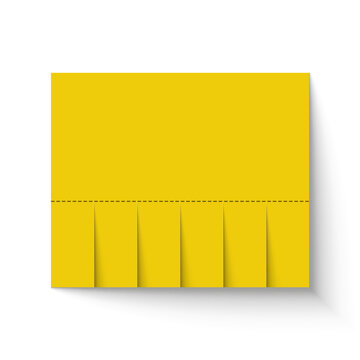 Yellow paper sheet ad with tear-off pieces, blank paper advertisement promotional announcement vector mockup isolated on a white background.