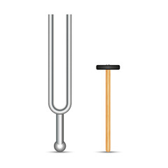 Realistic metal tuning fork with wooden mallet isolated on white background 3d vector, precision acoustic instrument for musical pitch tuning, physics experiments, and sound frequency resonance.