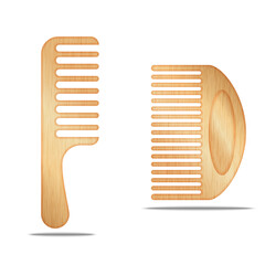 Set of wooden combs with fine and wide teeth isolated on white background, natural hair care accessories, eco-friendly grooming tools, handcrafted hairbrushes, anti-static styling products.