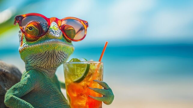 Funny chameleon wearing sunglasses enjoying a refreshing cocktail on a sunny beach