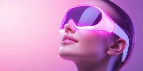 Woman in Futuristic Pink Glasses, Upward Gaze, Pink Background