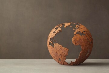 Rustic globe art piece representing global unity, showcasing brown tones and textured surface, perfect for home decor or educational purposes