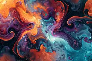 Obraz premium A dynamic and colorful digital artwork featuring swirling patterns and fluid shapes, ideal for a visually striking computer wallpaper.