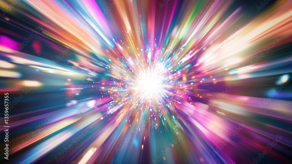 Poster Abstract background with vibrant colorful light rays and dynamic lens flare, creating a sense of speed and motion in cosmic space. Digital illustration with 8K ultra-high resolution, realistic photogr