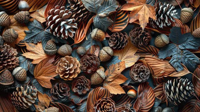 Collection of autumn leaves, pine cones, and acorns, natural arrangement, earthy tones