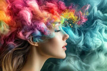 A vibrant and ethereal portrait of a woman in profile, her mind depicted as swirling, colorful clouds, representing creativity, imagination, and the beauty of inner thoughts and emotions.