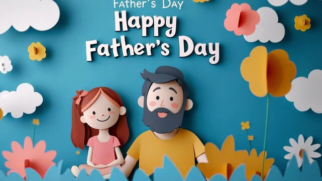 Happy father's day card with cartoon father and daughter in colorful floral background. Happy Father's Day