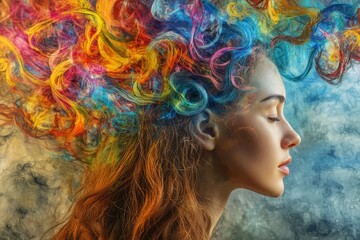 Naklejka premium A profile of a woman with vibrant multicolored hair flowing, eyes closed in meditation, embodying creativity and inner peace with a colorful abstract background.