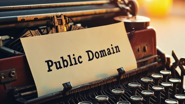 Vintage typewriter with "public domain" paper in warm light. International Public Domain Day