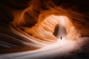 Person exploring sandstone cave, light beam, desert background, spiritual travel photography