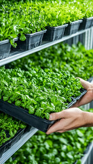 Person harvesting fresh greens in indoor farm