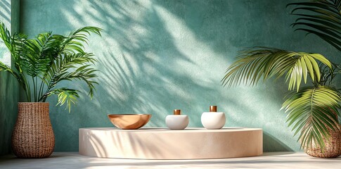 Serene Tropical Still Life: Sunlit Vessels and Palm Plants