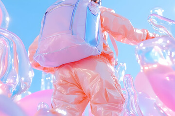 Person in pastel suit walks through surreal landscape