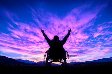 Person in wheelchair enjoying sunset, mountains background
