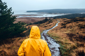 Person in yellow raincoat on coastal path, overlooking ocean