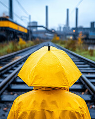 Person in yellow raincoat under umbrella on railway tracks near industrial plant