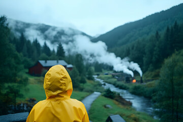 Person in yellow raincoat views misty valley village