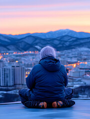 Person Meditating City Sunrise View