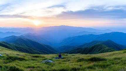 Person meditating at sunset, mountain vista