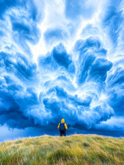 Person observing majestic storm clouds over grassy hill; nature backdrop, weather photography