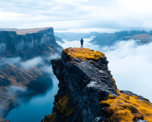 Person on Clifftop, Misty Valley