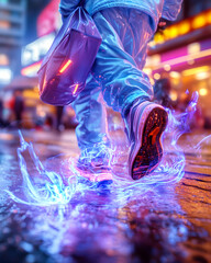 Person running city street night neon lights, futuristic shoes
