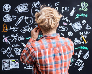Person reviewing sketches on blackboard, brainstorming ideas