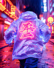 Person runs neon-lit city street, rain background, cyberpunk style, stock photo