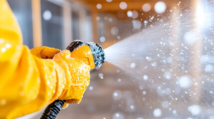 Person spraying water, snowy background, winter cleaning
