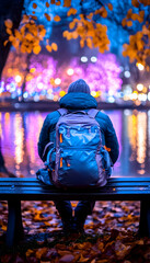 Person sits park bench night lights