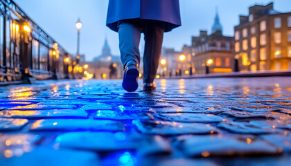 Person walking cobblestone street, city lights, evening