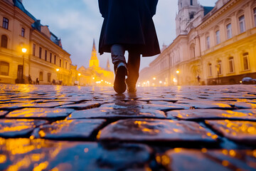 Person walking cobblestone street, city night, rain, buildings