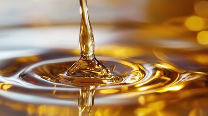 Golden Liquid Drop Creating Ripple Effect in Calm Water Surface