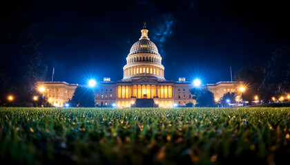 Night view of Capitol building, Washington DC, illuminated, grassy foreground
