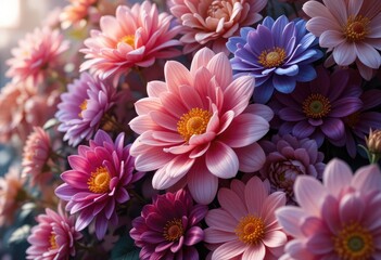 Obraz premium Vibrant Dahlia Flowers Blooming in Pink, Purple, and Peach Hues