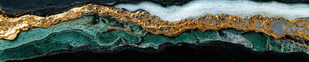 Abstract Resin Artwork: Green, Gold, and White Layered Composition