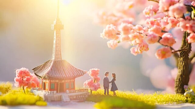 A charming miniature diorama featuring a couple standing together in front of a traditional-style building with a tower, surrounded by vibrant cherry blossoms. The soft lighting and pastel tones 
