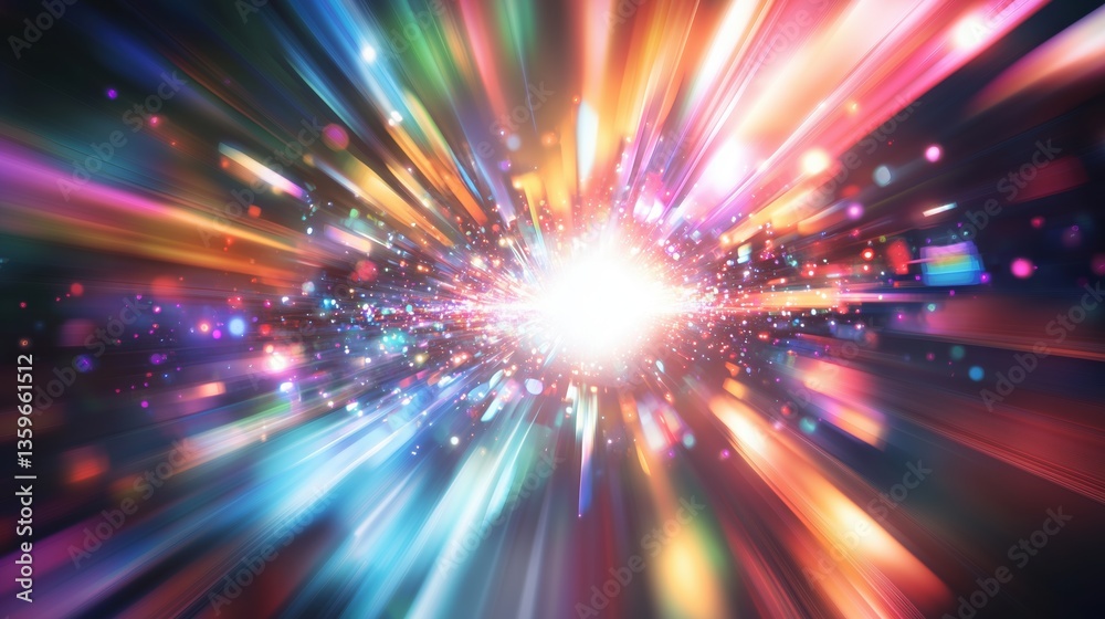 Fototapete Abstract background with vibrant colorful light rays and dynamic lens flare, creating a sense of speed and motion in cosmic space. Digital illustration with 8K ultra-high resolution, realistic photogr