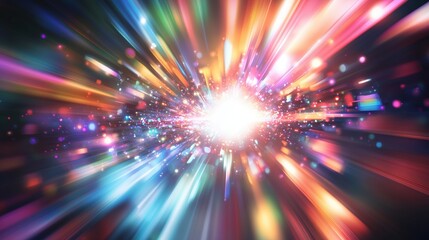 Fototapeta premium Abstract background with vibrant colorful light rays and dynamic lens flare, creating a sense of speed and motion in cosmic space. Digital illustration with 8K ultra-high resolution, realistic photogr