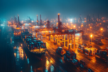 Fototapeta premium City Port at Dusk: Aerial perspective of a bustling city port at dusk, container ships, cranes and buildings illuminated against a twilight sky. A visual representation of global trade and commerce.